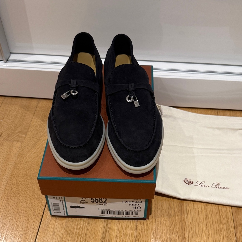 Loro Piana Black Suede Slip-On Loafers with Silver Hardware